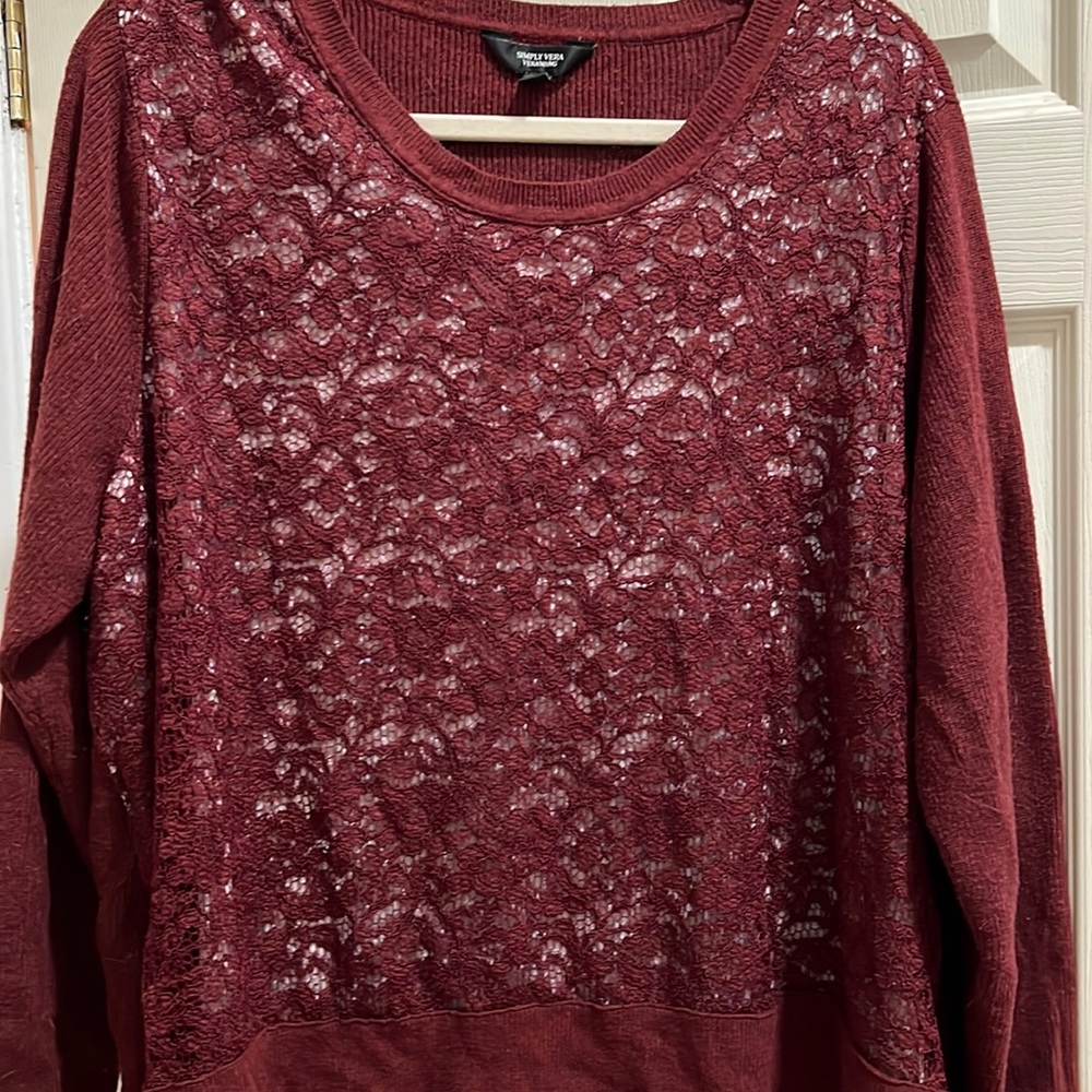 Lace front, mock layer sweater